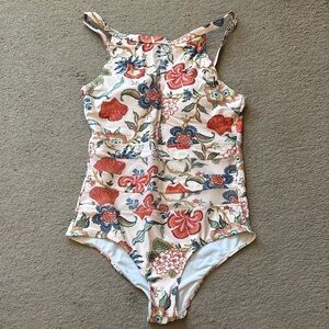 SHEIN Cream One-Piece Swimsuit with Red, Blue & Green Floral Print